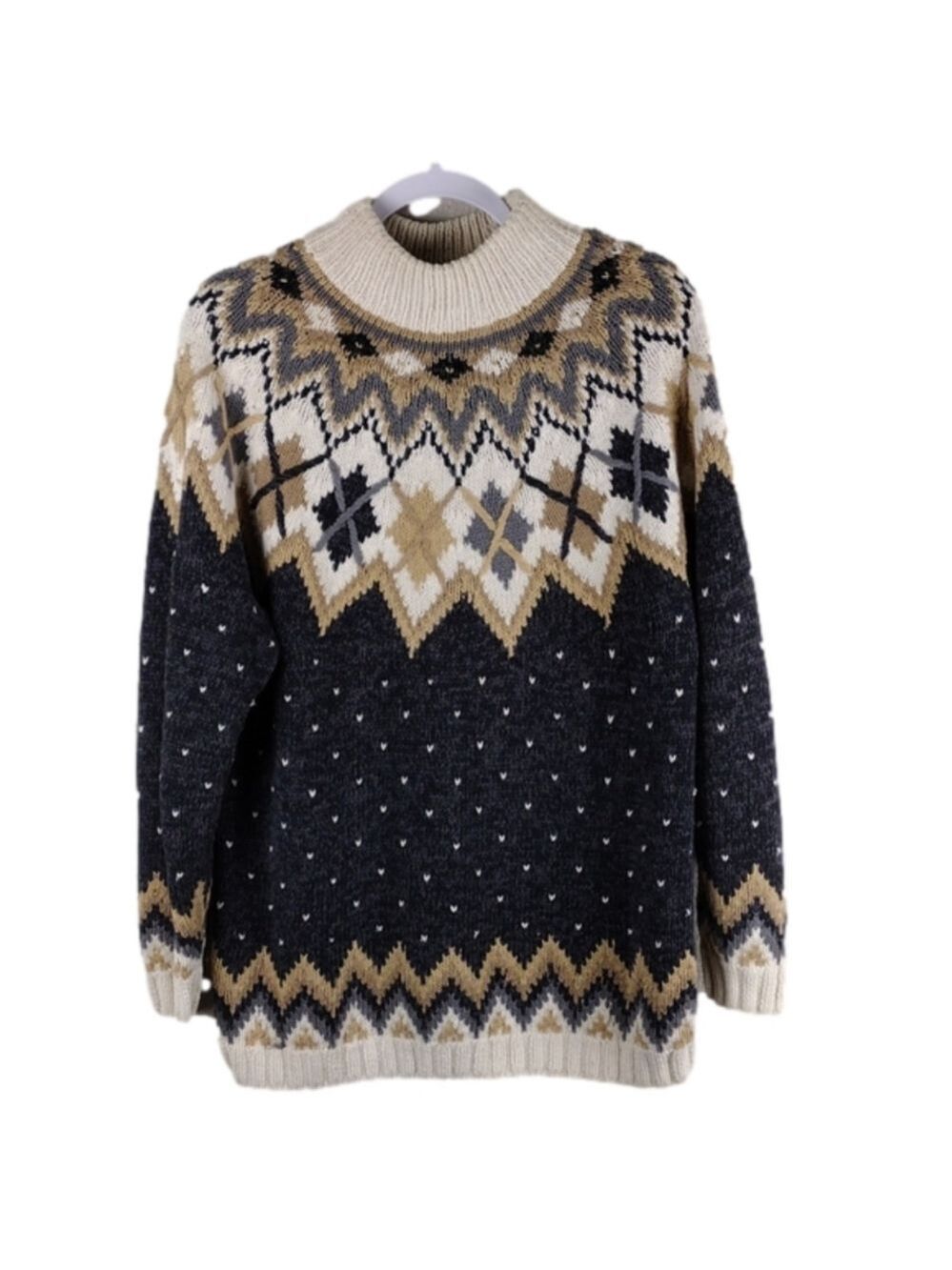 Marsh Landing Hand Knit Gray Fair Isle Mock Neck Long Sleeve Pullover Sweater